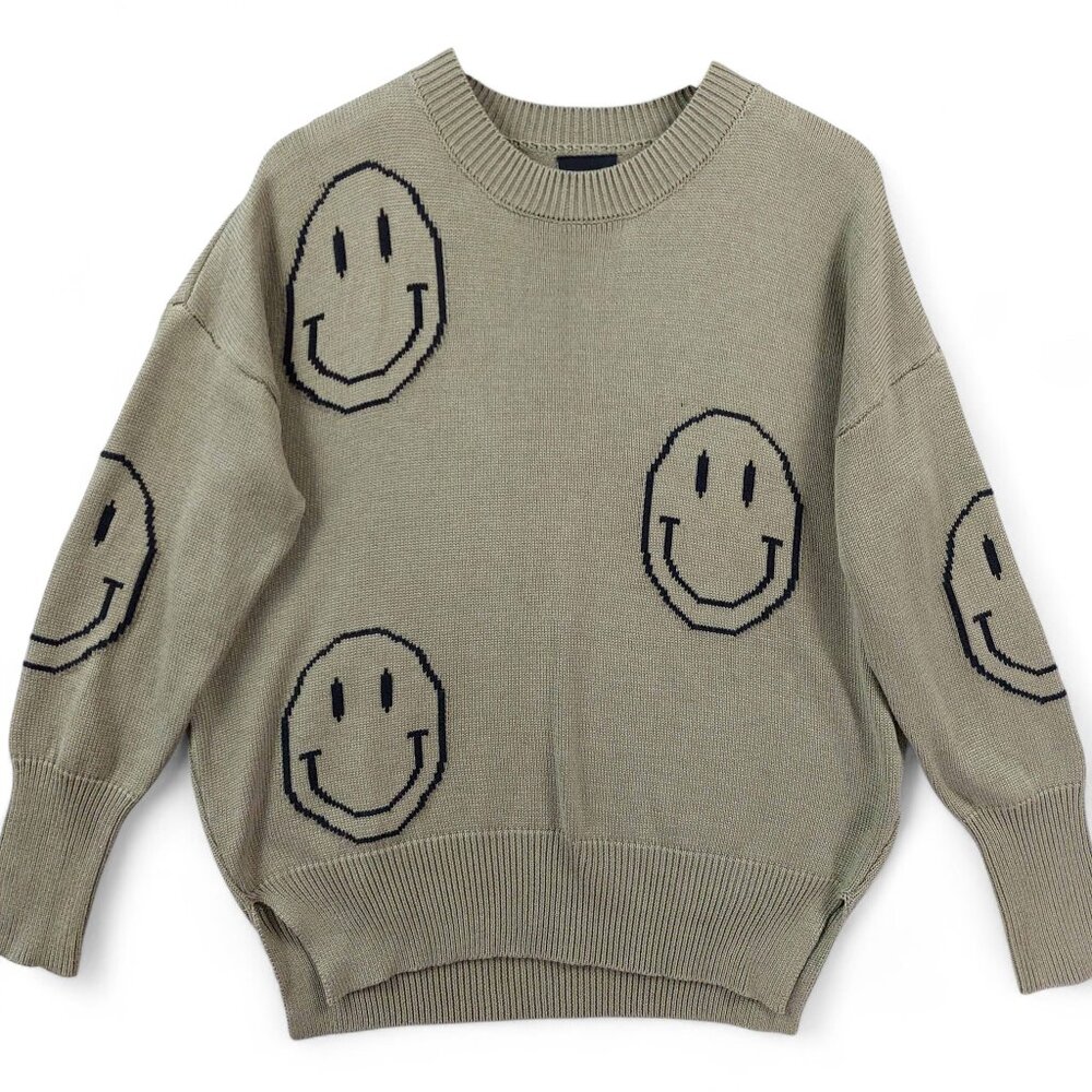 Miou Muse Sweater Womens Sz S Green Smiley Face Graphic Pullover Crewneck Knit